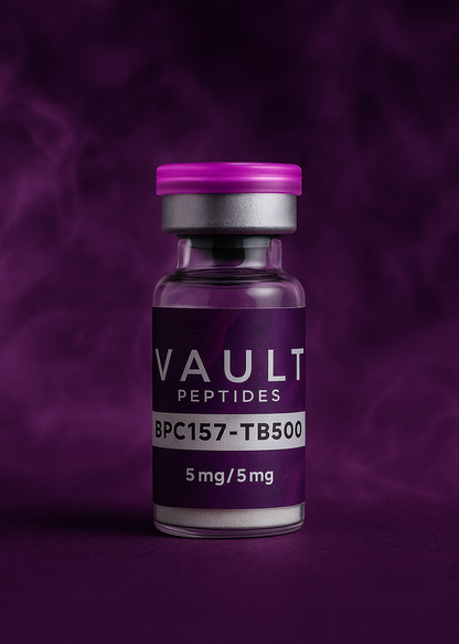 Vial labeled 'VAULT PEPTIDES' on a purple background