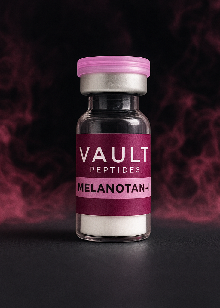 Vial labeled 'VAULT PEPTIDES MELANOTAN-1' with a purple label against a dark background