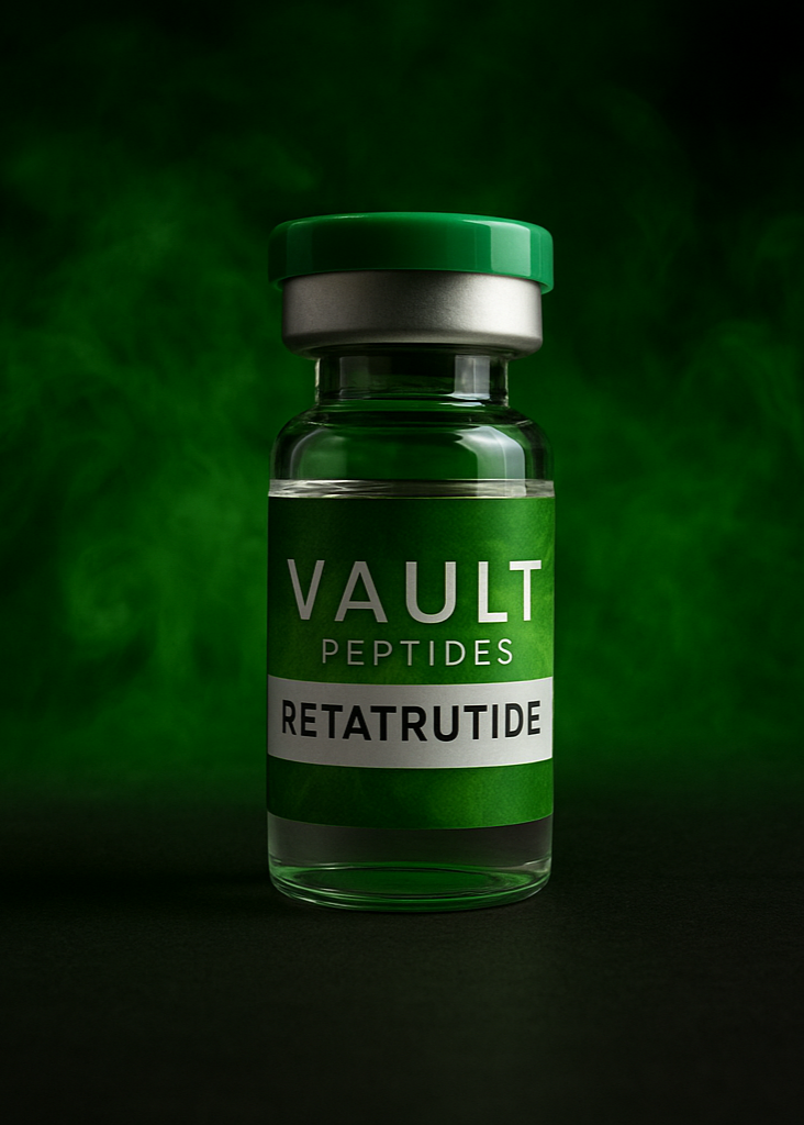 Green bottle labeled 'VAULT PEPTIDES RETATRUTIDE' on a dark background