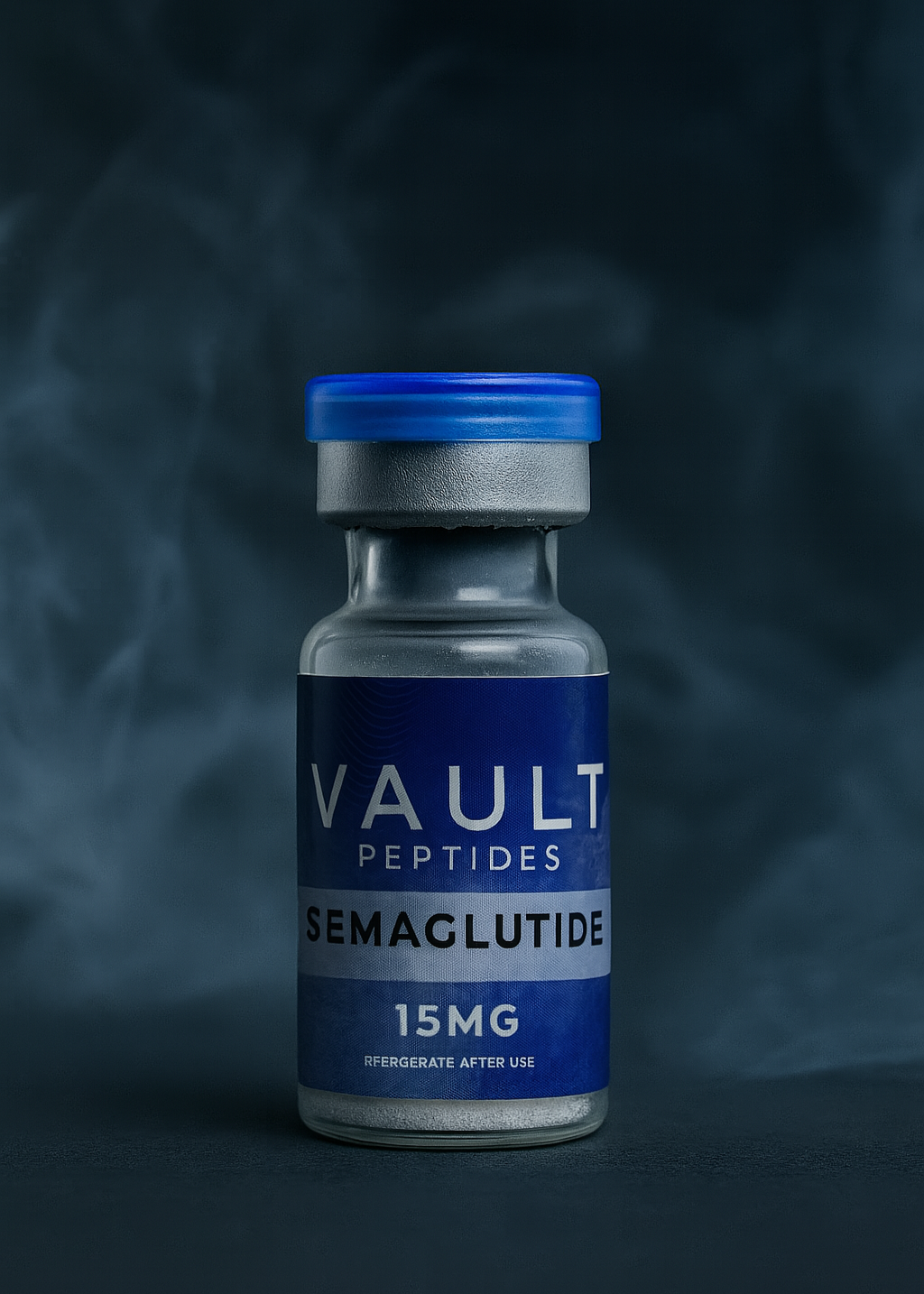 Vial labeled 'VAULT PEPTIDES Semaglutide 15MG' on a dark background