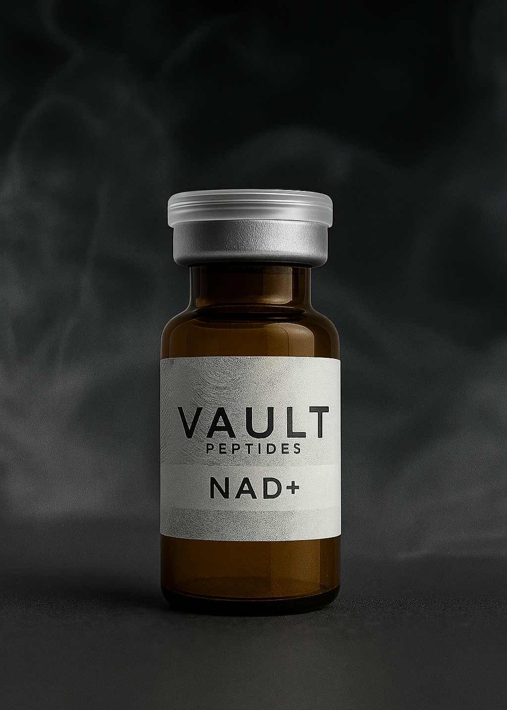 Vault Peptides NAD+ supplement bottle on a dark background