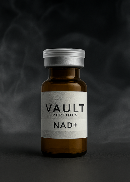 Vault Peptides NAD+ supplement bottle on a dark background
