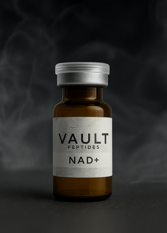 Vault Peptides NAD+ supplement bottle on a dark background